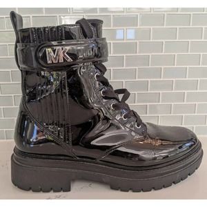 MICHAEL KORS Stark Patent Leather Combat Boot Size 9 M Black Leather Logo Zipper